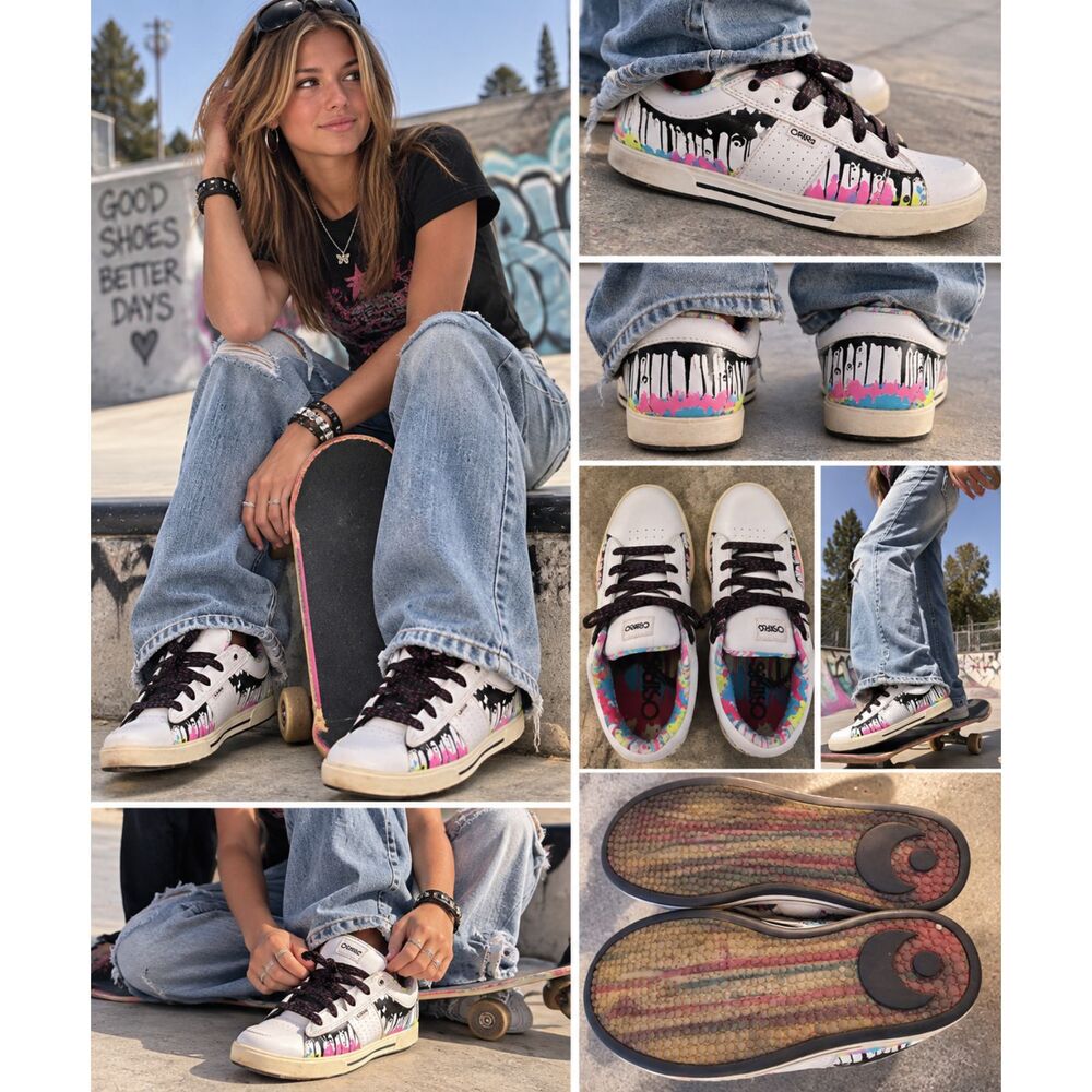Vintage Osiris Volley Girls Size 7 White Melted Multi Paint Drip Skate Sneakers